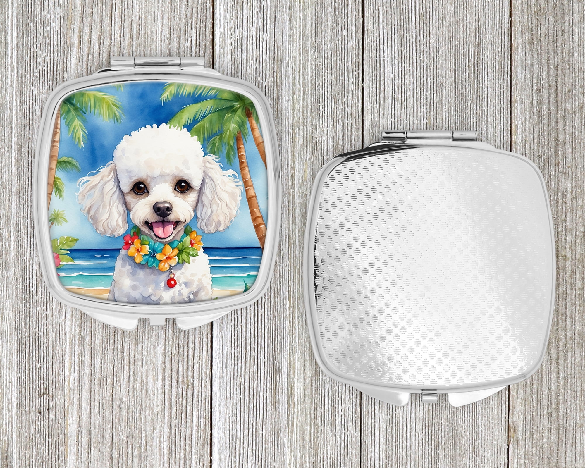 White Poodle Luau Compact Mirror 2.75 in x 3 in