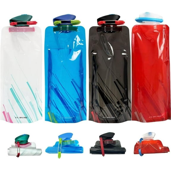 4 Pack Foldable Water Bottles 700ML BPA Free Collapsible Leak Proof Portable Water Bottle with Buckle Soft Flat Reusable Bottles Lightweight for Travel Hiking Sports Adventure Outdoor Camping