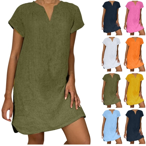 Tumotour Midi Dress For Women Cotton Linen V-Neck Short Sleeve T-Shirts Dress Casual Solid Color 2024 Loose Beach Vacation Sundress