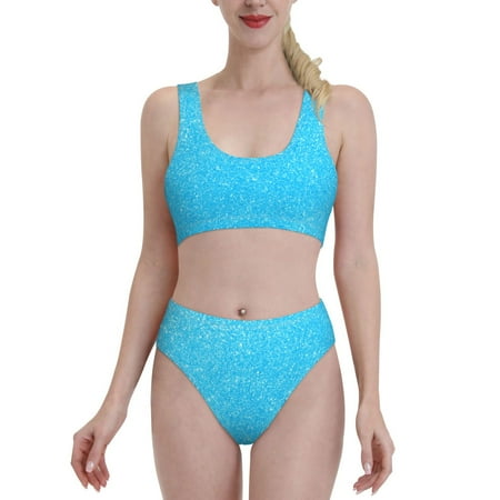 Bixox Sky Blue Glitter Pattern Two-Piece Sports Bikini with U-Shaped Top and High-Waist Bottom - Women s Swimwear with Removable Bra Pads