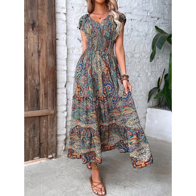 HH Women's Bohemian Style 2023 New V-neck Long Dress Tight Waist Floral Print Large Swing Dress