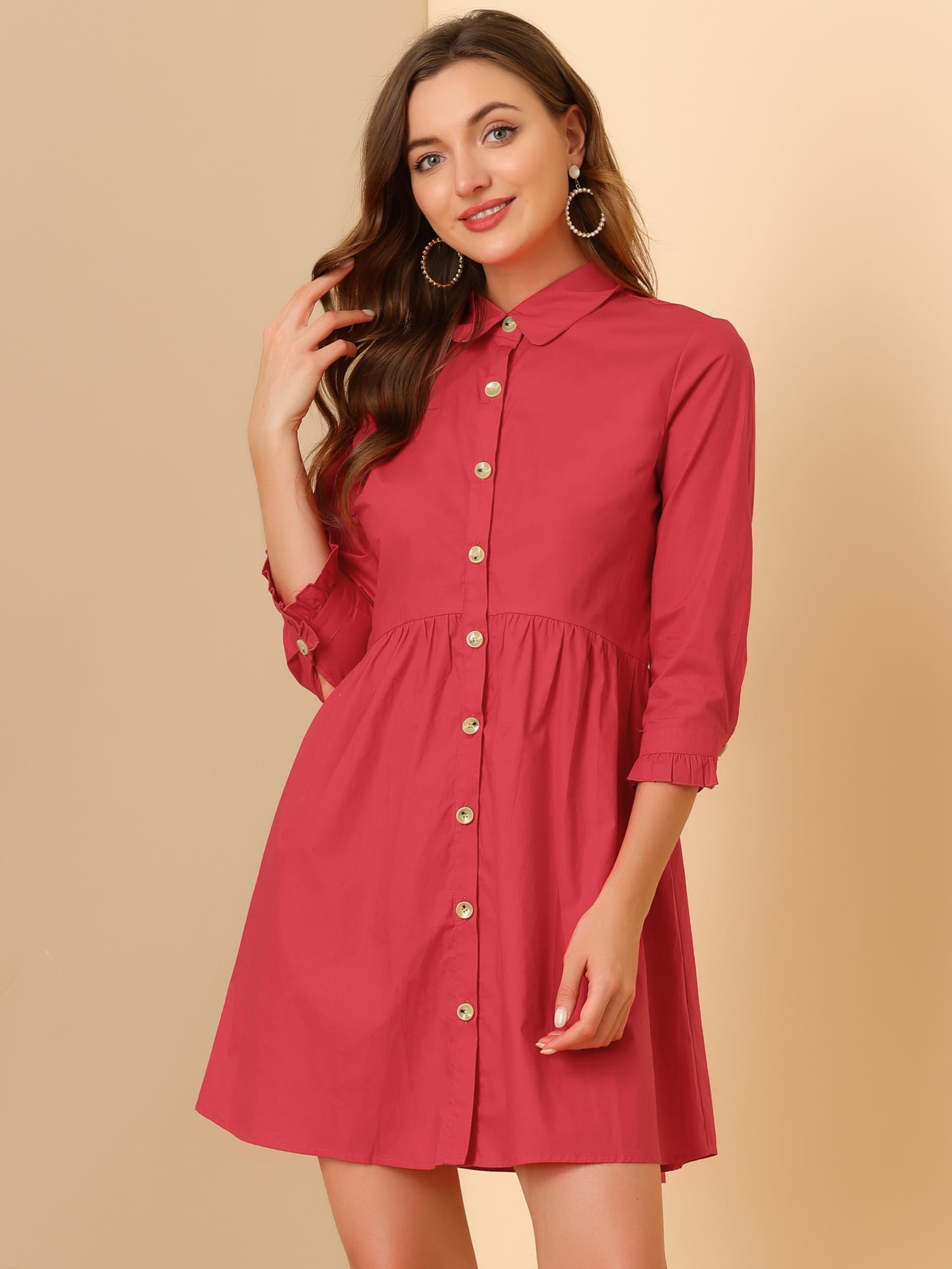 DARING DIVA Elegant Collar Flare 3/4 Sleeve Button Mini Shirt Dress XL Red