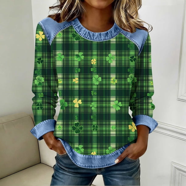 TaTaai Womens St Patrick Day Shirt 2025 Spring Long Sleeve Patchwork Round Neck Casual Blouse Solid Color Soft Comfy Top for Holiday Party Daily Wear Gift