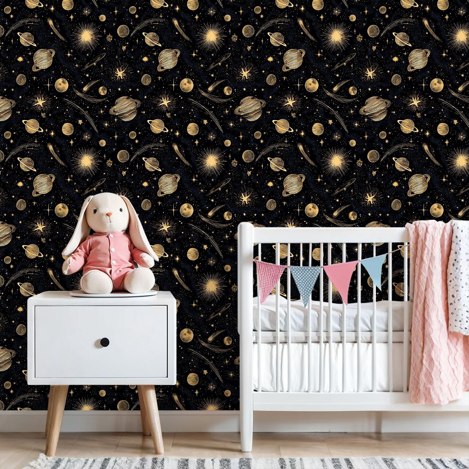 Peel and Stick Wallpaper Celestial Space Gold Stars Planets Cosmic Elements Black Wall Mural 23.6in x 9.8ft Self Adhesive Removable Wall Paper Renter Friendly Wallpaper for Nursery Bedroom Cabinets