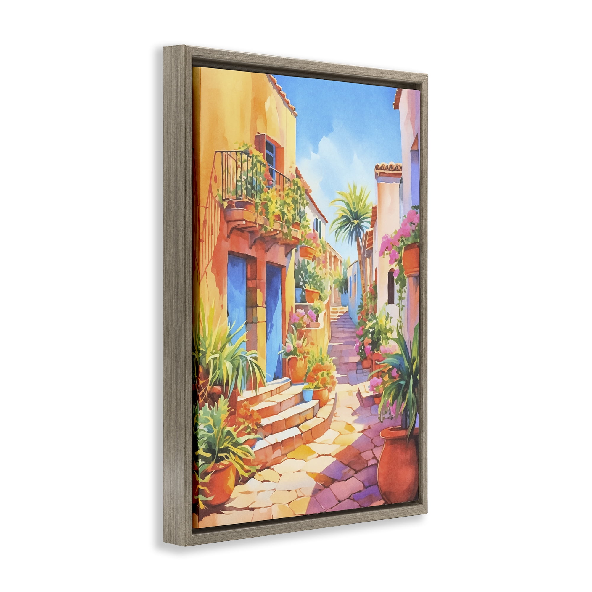 Stupell Industries Bright Mediterranean City Scenery Painting Brown Floater Framed Art Print Wall Art, 21 x 31