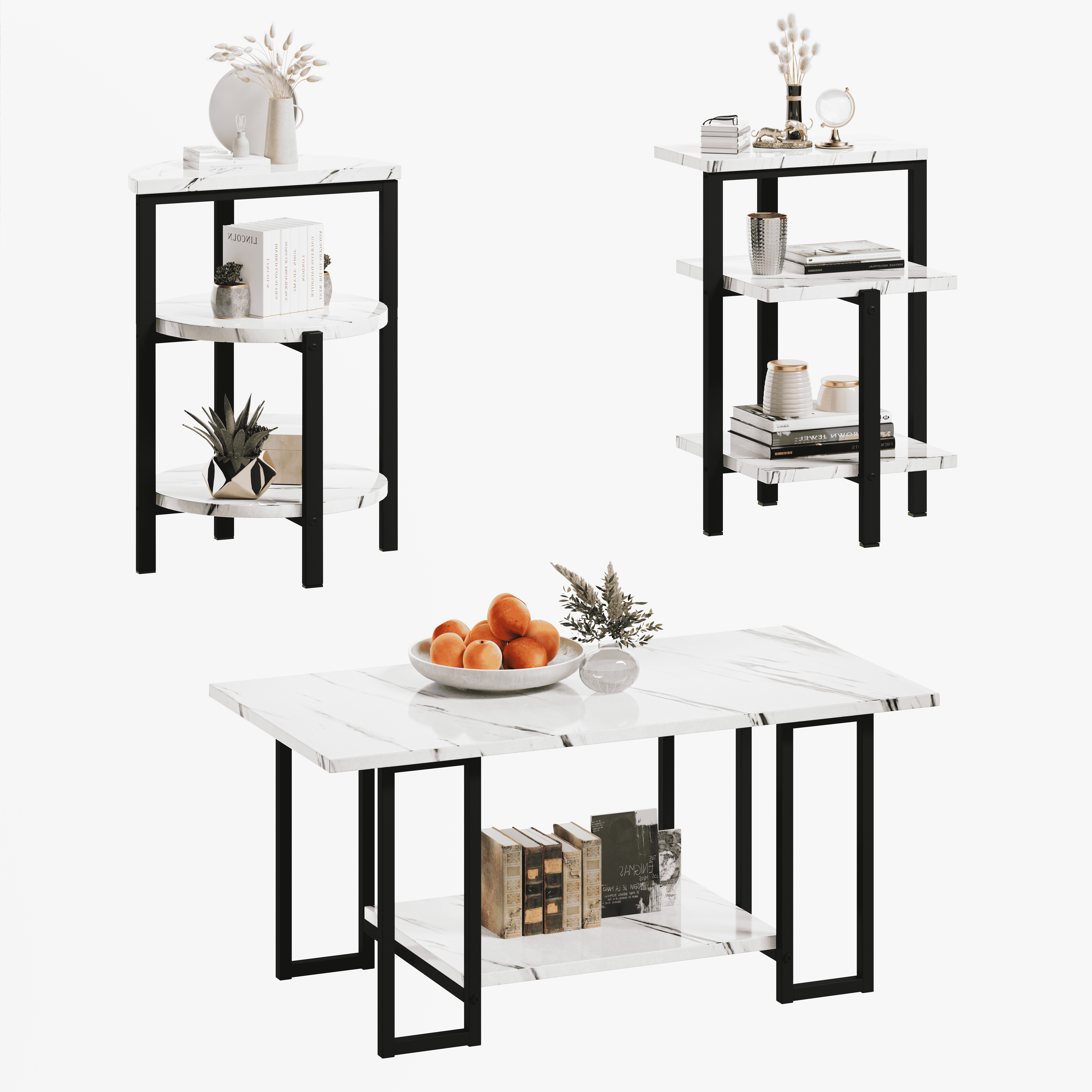 Baxluxe 3 Pieces Faux Marble Table Set, Modern Rectangle Coffee Table with 2 Side Table, Faux Marble Tabletop and Metal Frame, 3 Pieces Table Sets for Living Room, Apartment, White & Black