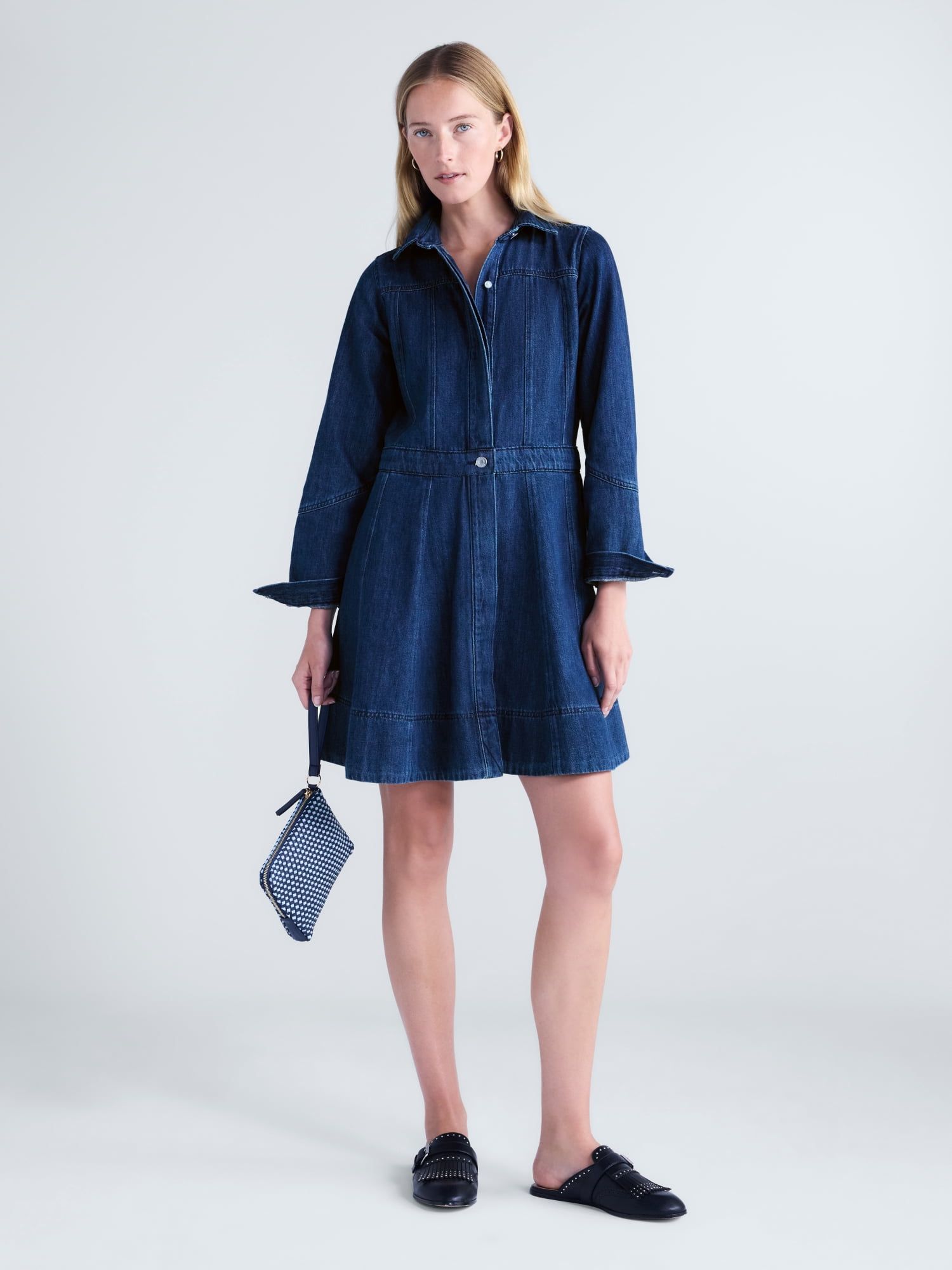 Free Assembly Women's and Women's Plus Denim Mini Shirtdress with Long Sleeves, Sizes XS-4X