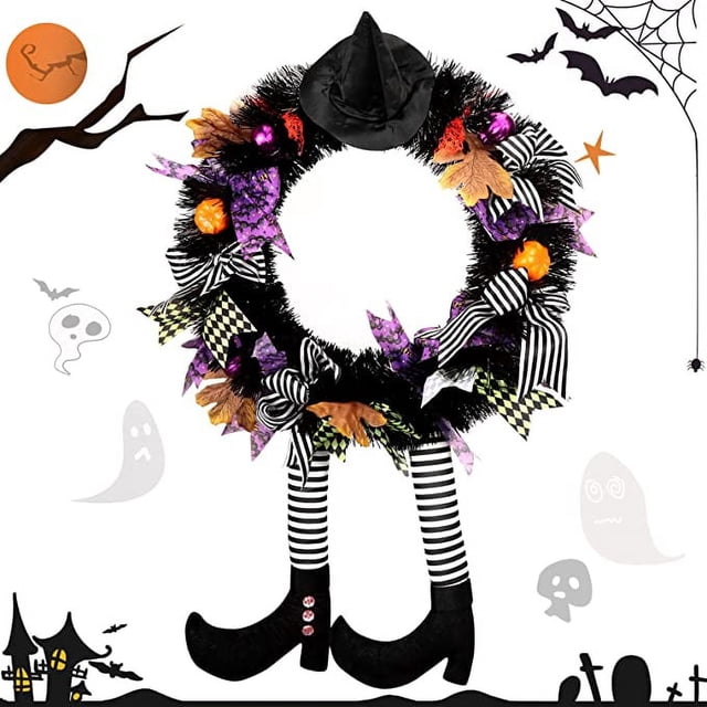 Coronas de Halloween para puerta de entrada, corona de bruja de Halloween con patas de bruja, sombrero de bruja de Halloween, corona colgante para puerta de bruja, cartel de bienvenida, decoraciones