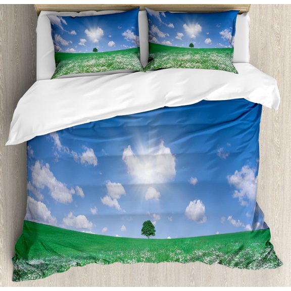 Blue Sky Duvet Cover Set Queen Size, White Flower Field with a Tree Far Away Grassland Nature Scene, Decorative 3 Piece Bedding Set with 2 Pillow Shams, Forest Green Sea Blue, by Ambesonne