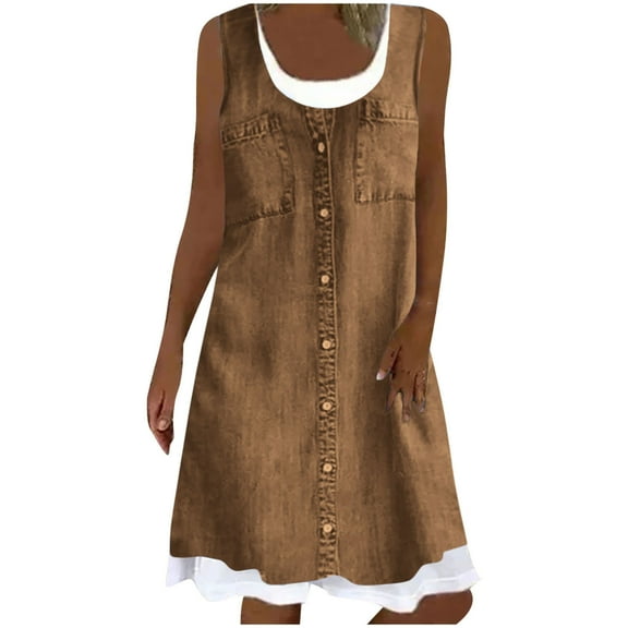 ICHUANYI Women's Sleeveless Tank Dress Crew Neck Summer Sundresses Casual Pleated Knee Length Dresses