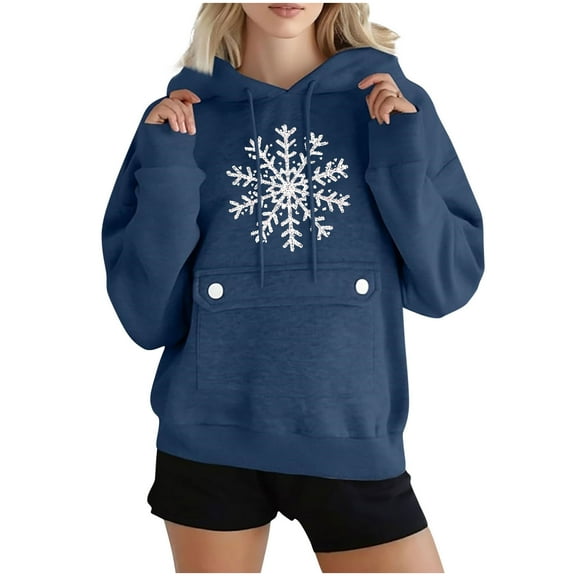 SwiftWear Women's Snowflake Print Oversized Hoodie Winter Christmas Themed Casual Pullover Hooded Sweatshirt with Front Pocket, Soft Lounge Wear for Holiday Season Navy