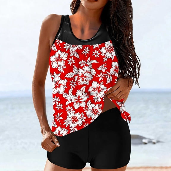 Jsaierl Two Piece Tankini Swimsuits Women Tummy Control Summer Beach Print Push Up Swimwear Full Coverage Tankini Tops with Boyshorts Tankini Bathing Suits S-2XL