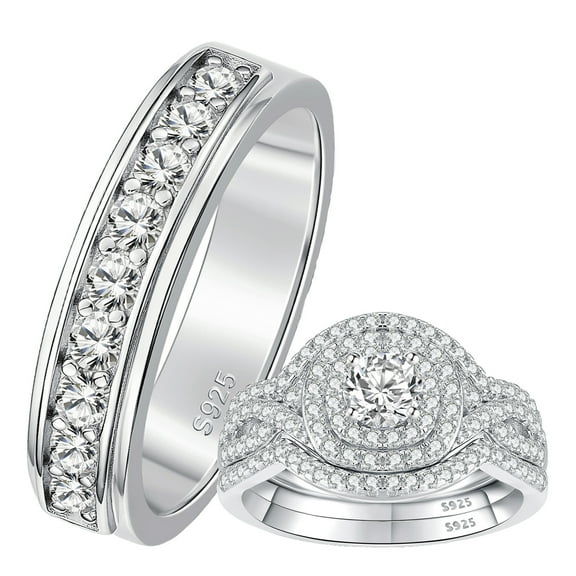 SFTING 925 Sterling Silver 3Pcs Double Halo Luxury for Women and 1Pc Wedding Band for Men with White Plated 5A Zirconia Engagement Wedding Ring Set for Him and Her Size 9&7