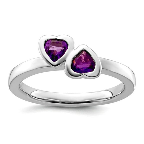 925 Sterling Silver Bezel Polished Stackable Amethyst Double Love Heart Ring Size 7 Stackable Ring for Women
