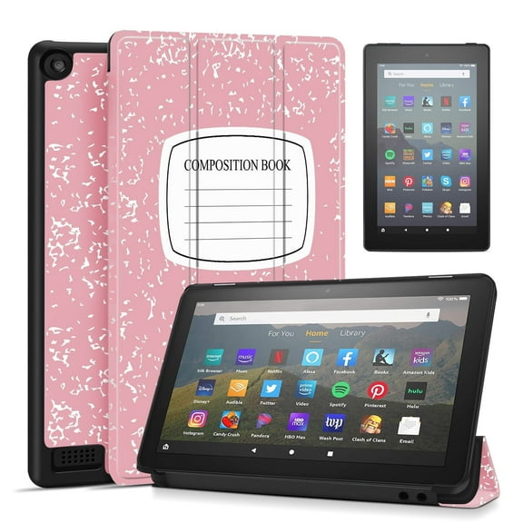 Case Cover for Amazon Kindle Fire 7 Tablet 9th & 7th Generation 2019 2017 Release, Smart Slim PU Leather Flip Stand Protective Sleeve w/ Auto Sleep Wake (Composition Book Pink)