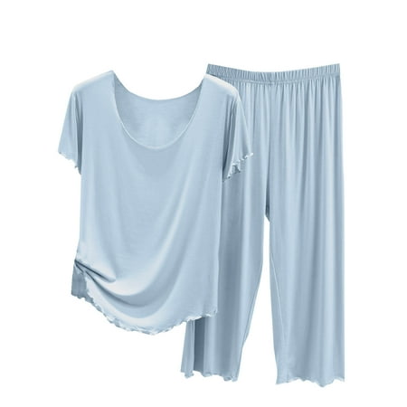 Penkiiy Women s Summer Short Sleeve Top with Capri Pants Pajama Set Lightweight Casual Home Wear 2XL Light Blue