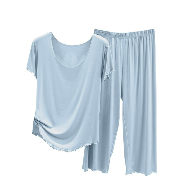 Timegard Ensembles de Pyjamas pour Femmes Été Col Rond Manches Courtes Haut Pantalon à Jambe Grand Loungewear Doux Tenues Décontractées de Pjs