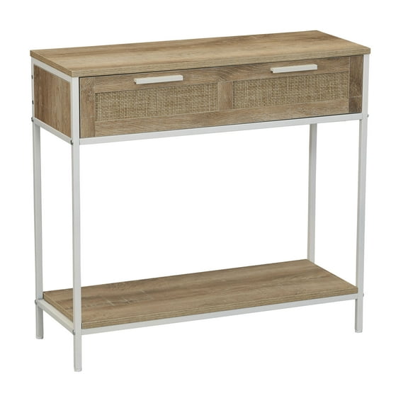 Household Essentials Bungalow Rectangular Console Sofa Table with Storage Shelf and 2 Drawers Coastal Oak Rustic Wood Grain Woven Front and White Metal