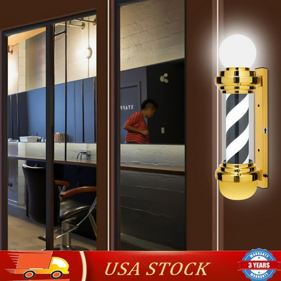 DENEST Black, White, Gold Classic Barber Pole Light Salon Spinning Stripe Light Sign
