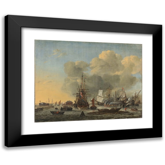 Reinier Nooms 14x12 Black Modern Framed Museum Art Print Titled - The Caulking of Ships at the Bothuisje on Het Ij in Amsterdam (1650 - 1668)