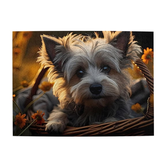 500-Piece Wooden Jigsaw Puzzle for Adults & Families - Dog In Basket Flowers Cute , Fun & Educational Brain-Teasing Game, Artistic Home Decor