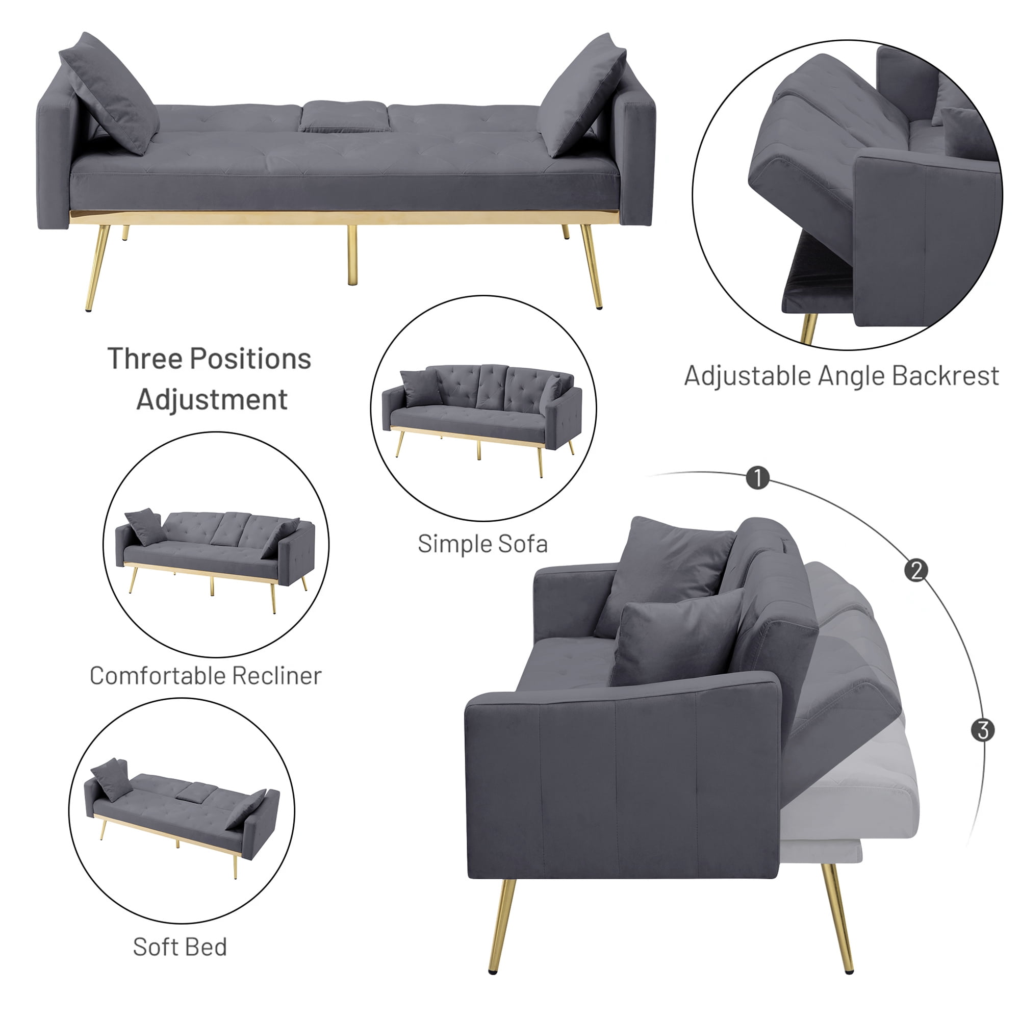 Aukfa Velvet Futon Convertible Sofa Bed for Home Office, 2 Pillows& Cup Holders, Tufted Futon, Gray