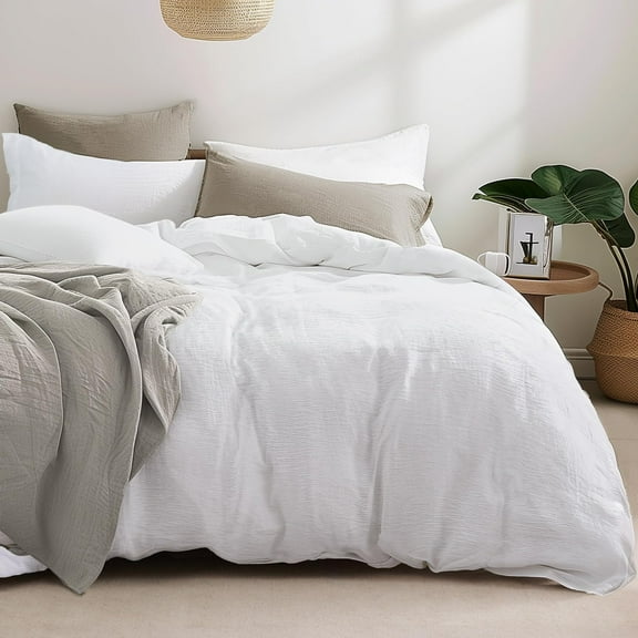 XIACOCO-Faux Muslin Duvet Cover Queen Size - Gauze-Like Waffle Weave Textured Duvet Cover Queen, Soft And Breathable Bedding Set, 3 Pieces Set, White
