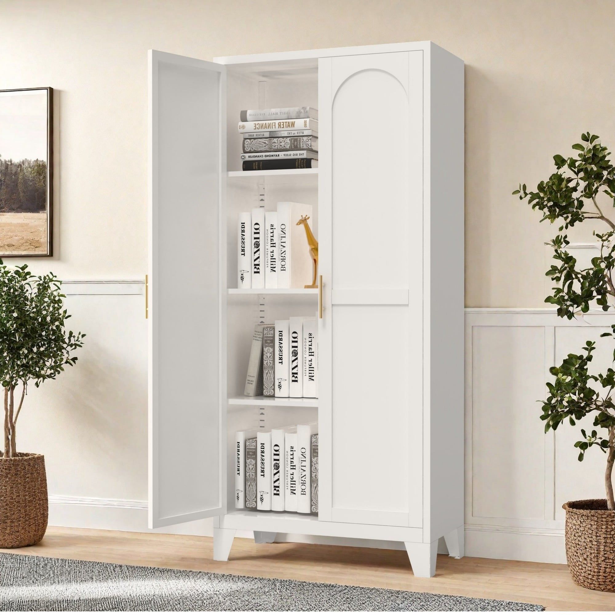 HOQBN 61"H Metal Storage Cabinet with 2 Doors & Adjustable Shelves,Freestanding Kitchen Pantry Storage Cabinet,Tall Steel Cabinet for Bedroom,Living Room,Office,White