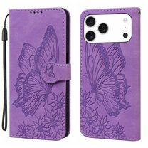 For iPhone 17 Pro 6.3" Large Butterfly Pattern Embossed Strong Magnetic Attachment/Closure, Card Slots/Pocket, PU Leather Flip Wallet Case ,Purple,For iPhone 17 Pro