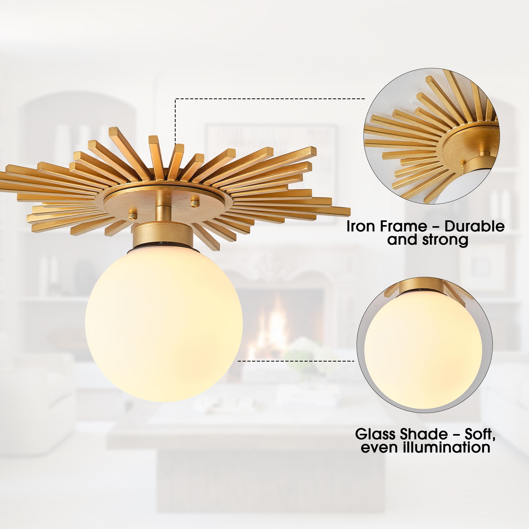 18" Modern Gold Glass Semi Flush Mount Globe Ceiling Light for Living Room, Bedroom, Hallway