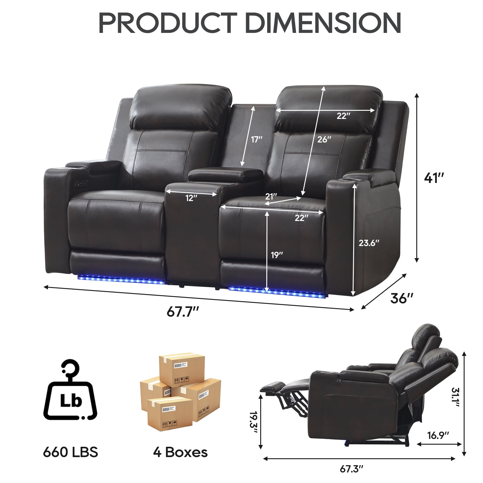 Power Loveseat Recliner Sofa, Home Theater Seating with Adjustable Headrest, Blue LED Lighting, Reclining Loveseat, Storage, Cup Holder, USB, Wireless Charging
