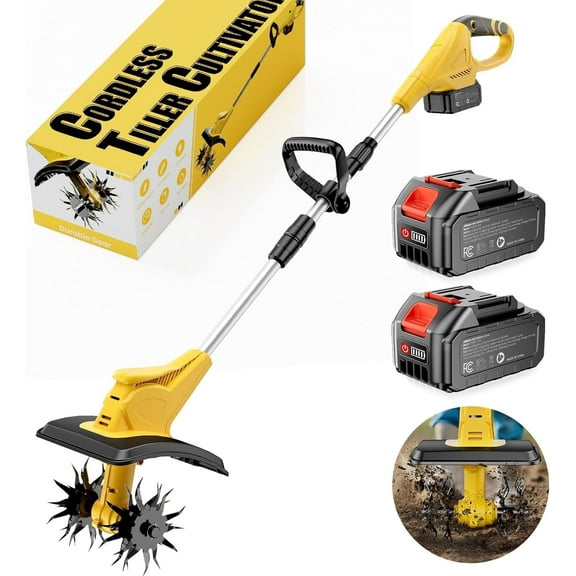 21V Cordless Tiller Cultivator, 360 Max RPM Cordless Electric Garden Tiller with 2 * 3.0 Ah Battery & Fast Charger, 9.06" Tilling Width, 6.3" Depth, Portable Rotary Tiller