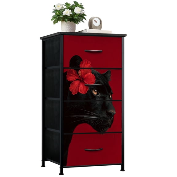 Gothic Dresser for Bedroom with 4 Storage Drawers Red Hibiscus Flower Its Fur Dressers Chest of Drawers Steel Framed Fabric Closet Organizers for Man Cave Dorm Entryway