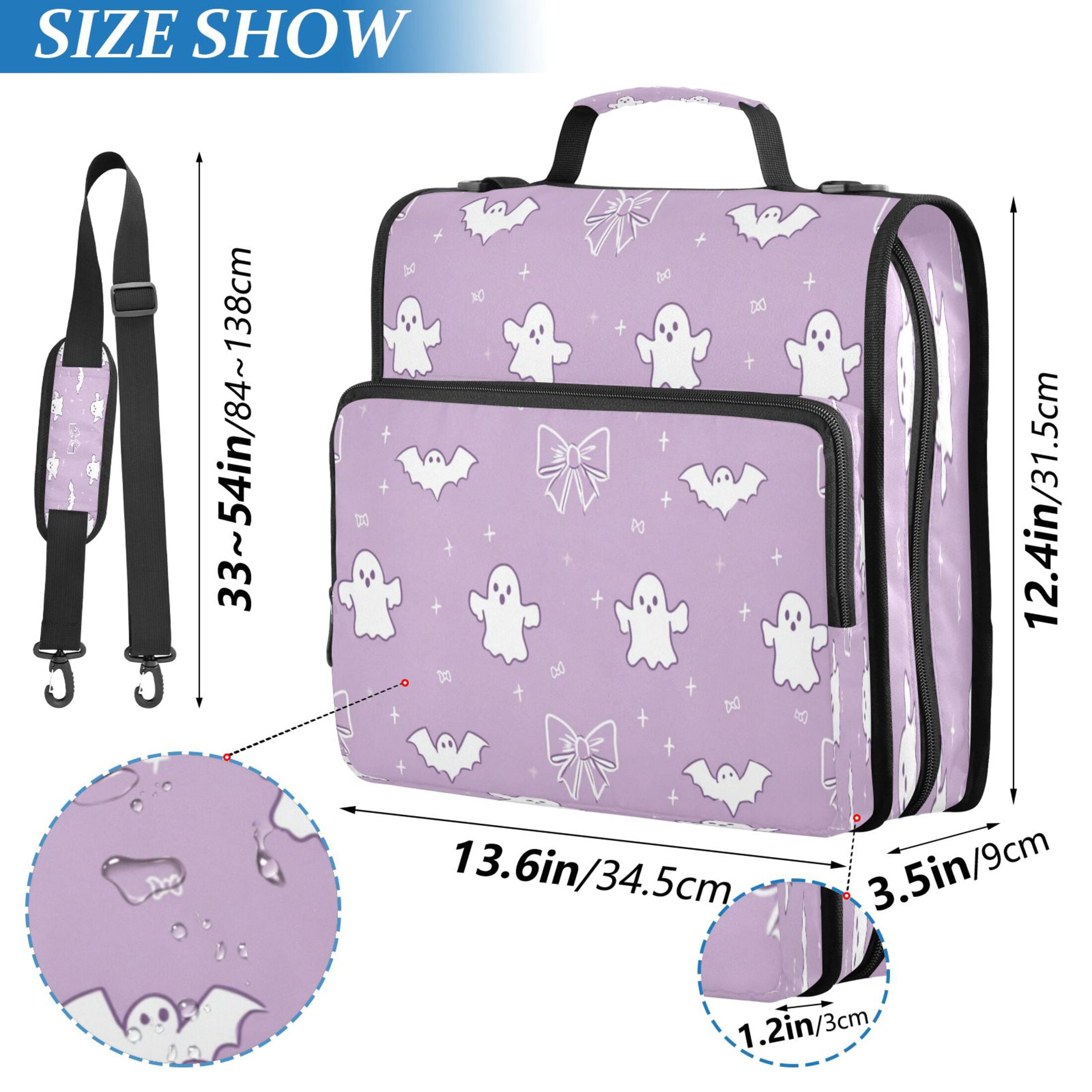 Water-Resistant 3-Ring Binder Organizer with Multiple Pockets Zipper Binder Bag for Office Purple Bows and Bats