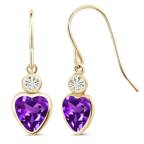 Gem Stone King 14K Yellow Gold Purple Amethyst and White Moissanite French Wire Dangle Hook Earrings for Women (3.66 Cttw, Gemstone February Birthstone, Heart 6MM, Round 3MM)