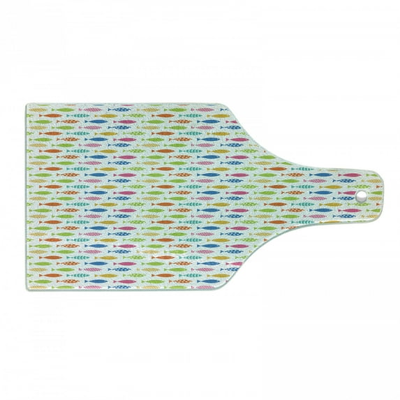 Fish Cutting Board, Colorful Row of Simplistic Aquatic Animal Silhouettes with Various Ornaments, Decorative Tempered Glass Cutting and Serving Board, in 3 Sizes, by Ambesonne