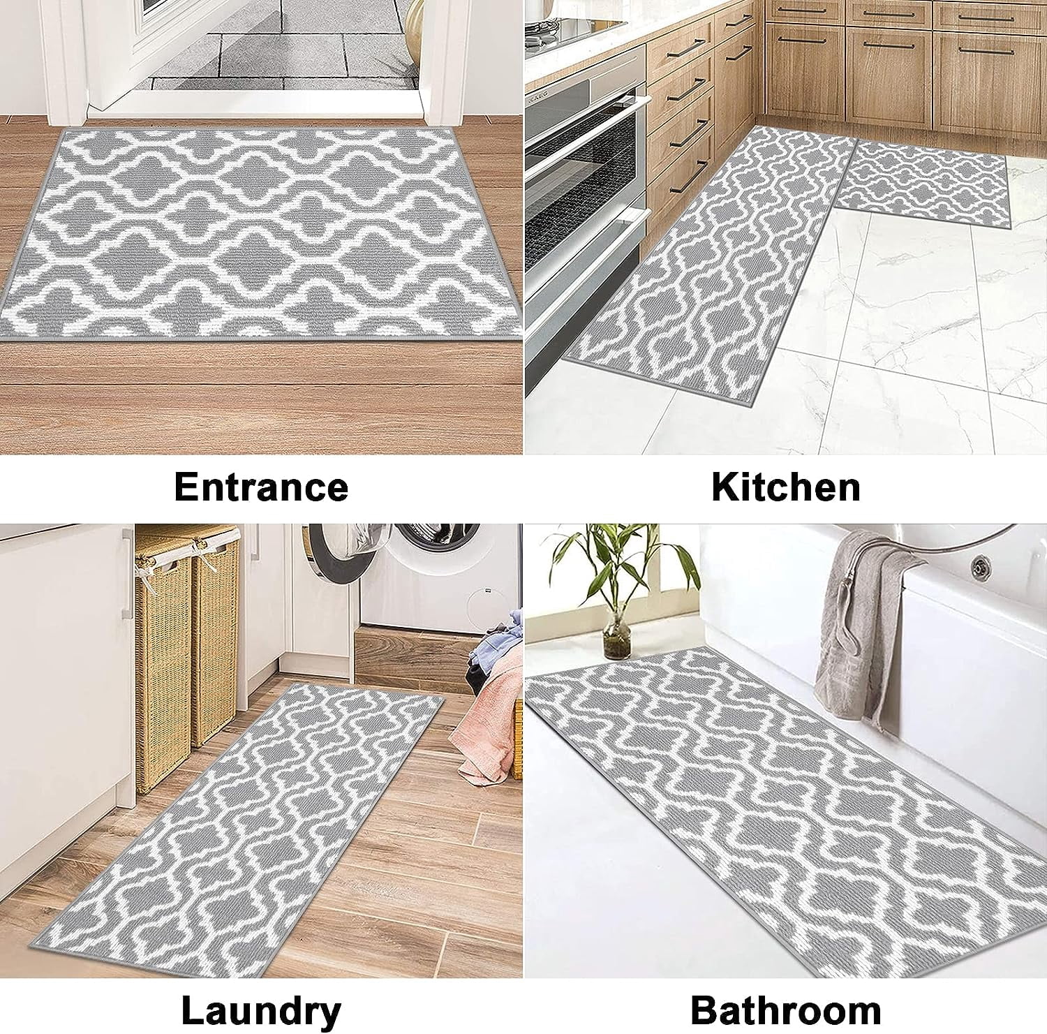 Findosom 20"x32"+20"x48" 2pcs Kitchen Rug Set Non Slip Kitchen Runner Rug and Doormat Washable Kitchen Mats Set Indoor Doormat Runner Rugs for Kitchen Laundry Hallway Entryway Grey Floral