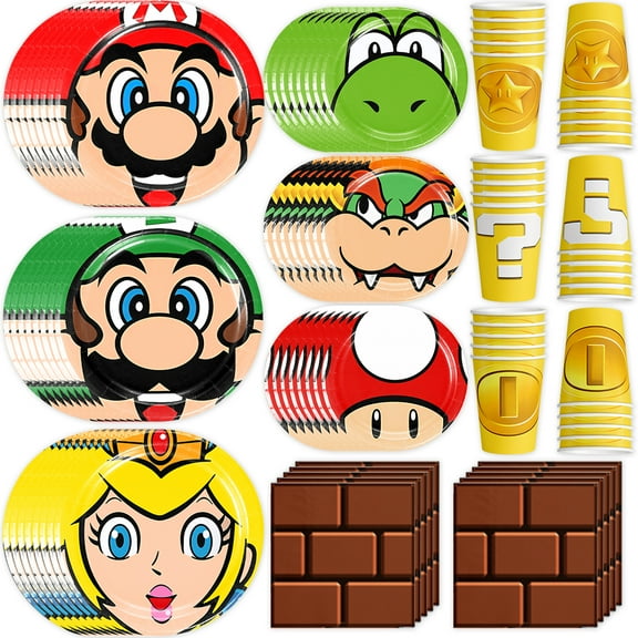 120 Mario birthday party supplies set, including plates, cups, napkins, cutlery set for 30 guests