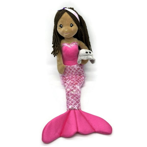 The Petting Zoo Mermaid Doll with Stingray Stuffed Animal- Great Gifts for Girls, Mermaid Plush Doll with Stingray Plush Toy, 17 inch (Dark Skin)