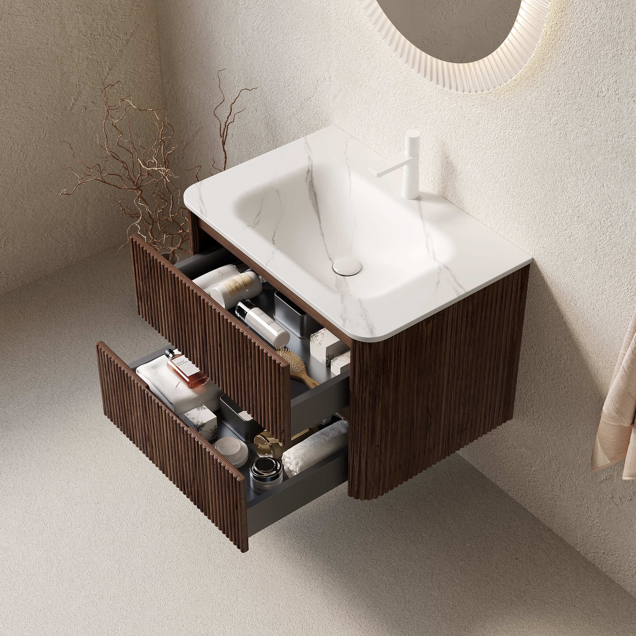 Noble House Noor 30" Floating Bathroom Vanity with Seamless Sintered Stone Basin, Retro Soft-Close Drawers, Walnut