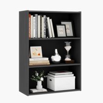 3 Tier Engineered Wood Modern Bookshelf, Wide Bookshelf with Three Wooden Shelves, Storage Book Shelves for Bedroom, Living Room, Charcoal Grey