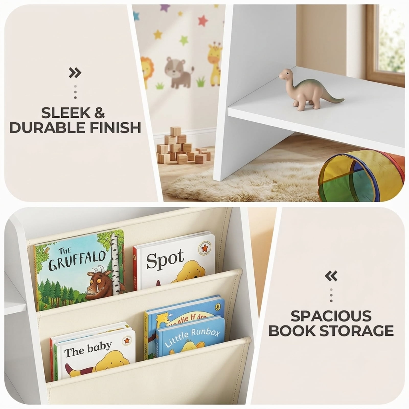 Fenbeli 2-in-1 Kids Bookshelf and Toy Storage, 4-Tier Wooden Organizer with 5 Fabric Sling Pockets and Anti-Tip Strap, White Bookcase for Bedroom Nursery and Playroom