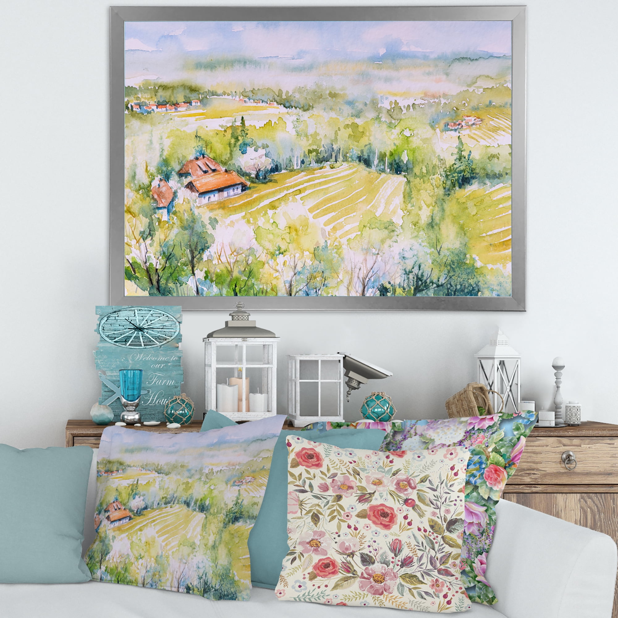 Designart 'Abstract Blossoming Green Fields In Countryside ' Country Framed Art Print