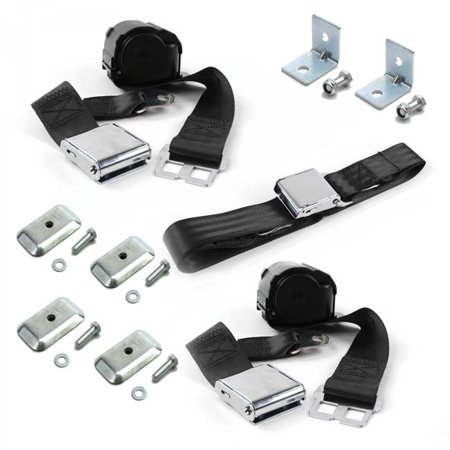 safeTboy Black Retractable Bench Seat Belt Kit with Bracketry for 1979-1987 AMC Eagle Airplane 2 Point - 3 Belts