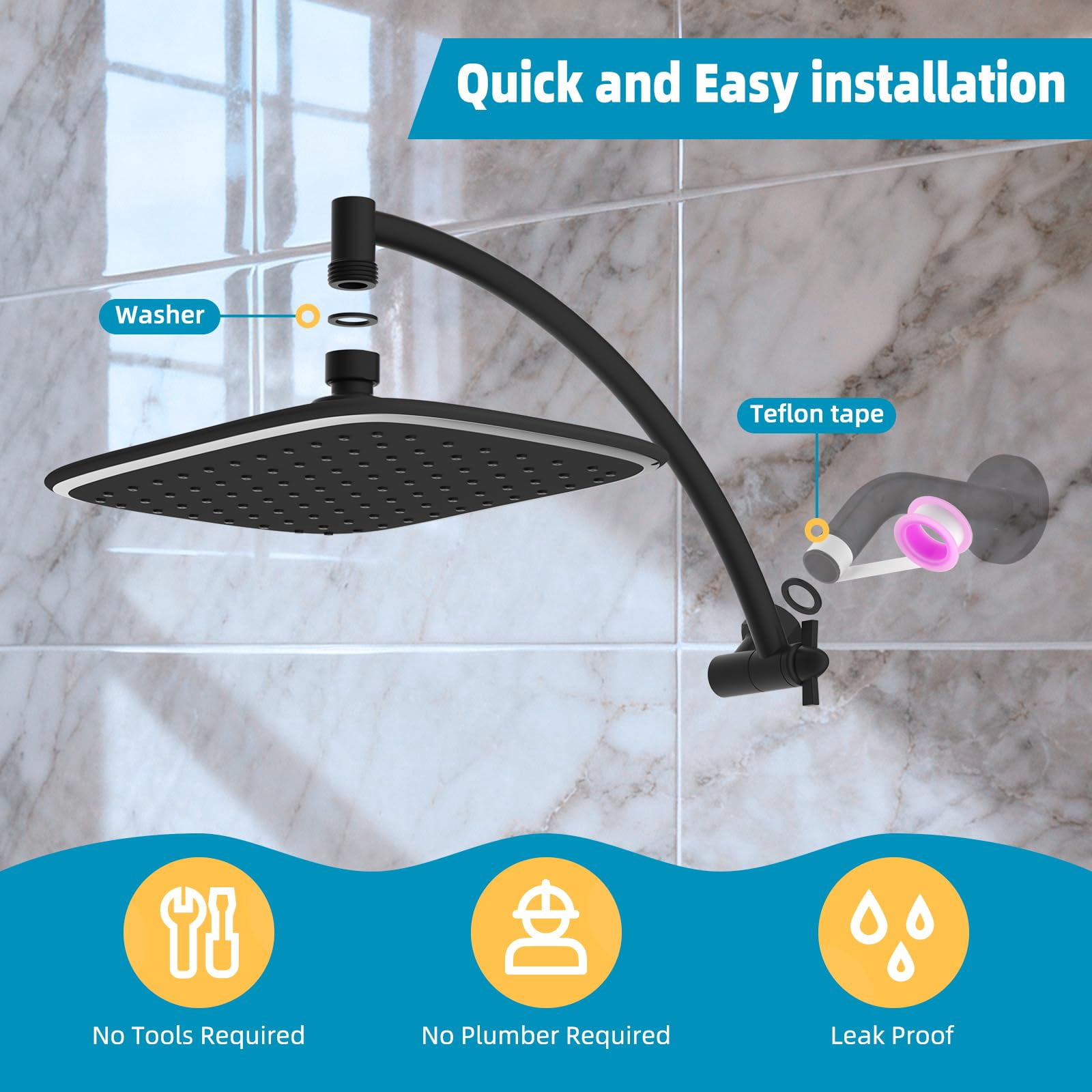Matte Black 12 Inch Rainfall Shower Head with Extension Arm