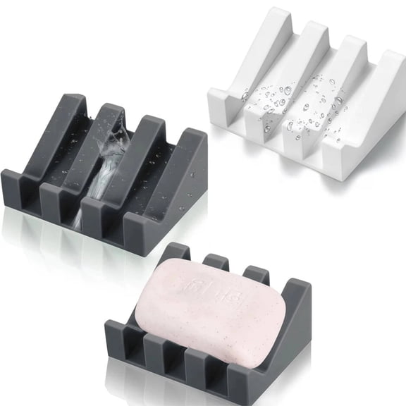 Self-Draining Silicone Soap Dish & Sponge Holder 3-Piece Set, Tiered Drying Tray for Bathroom Kitchen, 2 Gray 1 White