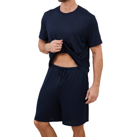 Qylux Men's Pajama Set Short Sleeve Crewneck Top & Shorts, Soft Lightweight Breathable Summer Knit Loungewear 2-Piece Set,Dark Blue,(S-2XL)