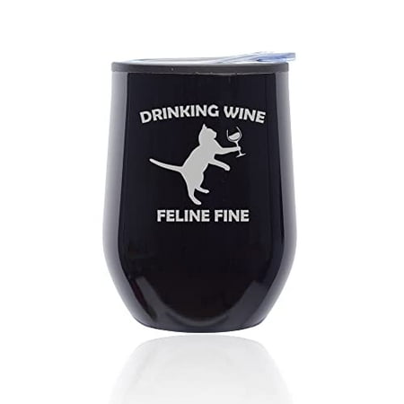 

Stemless Wine Tumbler Coffee Travel Mug Glass with Lid Drinking Wine Feline Fine Funny Cat (Black Midnight)