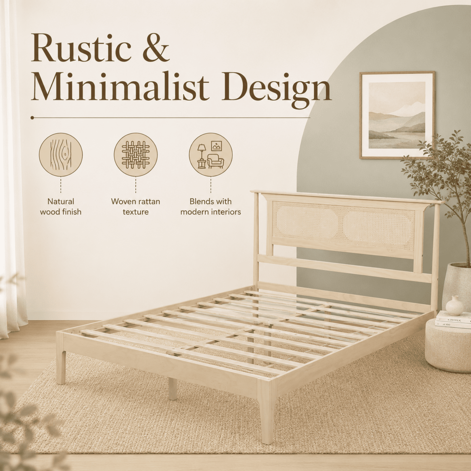 Miniyam Queen Bed Frame with PE Rattan Headboard, Pine Platform Bed, Natural
