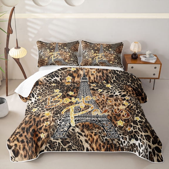 Erosebridal Gold Leopard Cheetah Print Twin Quilt Set for Girls, Eiffel Tower Twin Coverlet Set, 2pcs